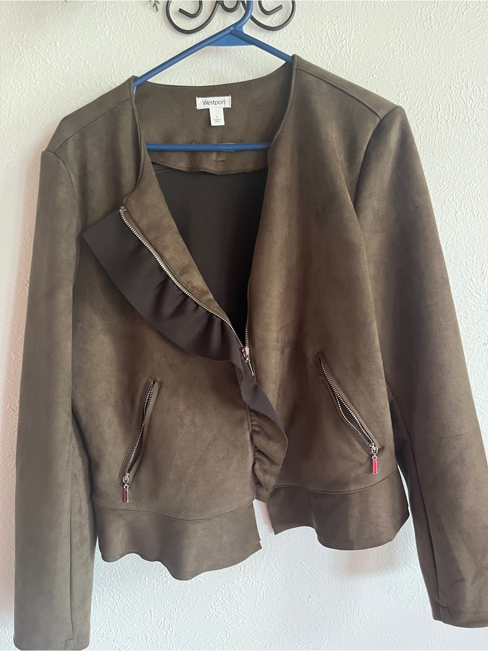 Westport Olive Ruffle-Trim Zip Front Jacket